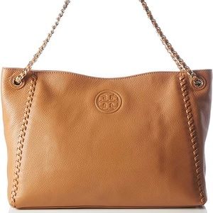 Tory Burch Brown Leather Marion Whipstitch Trim Slouchy Tote/Shoulder Bag